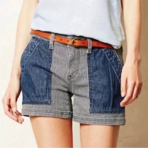 ANTHROPOLOGIE Pilcro and the Letterpress Railroad Striped Denim Shorts Sz 28 - Picture 1 of 8